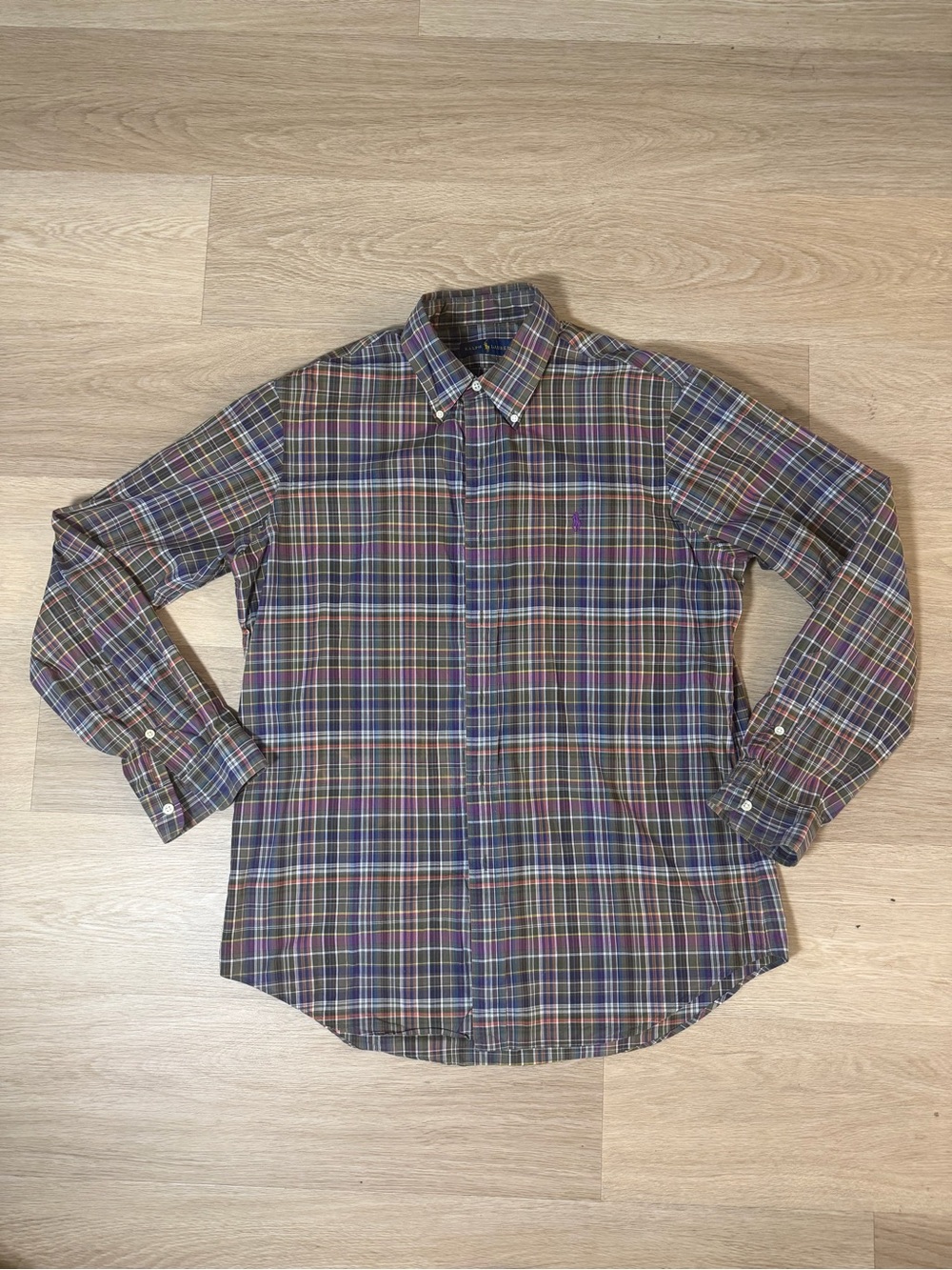 Ralph Lauren Men's L Plaid Button Down Shirt Olive Purple Preppy Long Sleeve